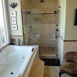 Bathroom remodel, step up Jacuzzi tub, glass shower doors, dual shower heads